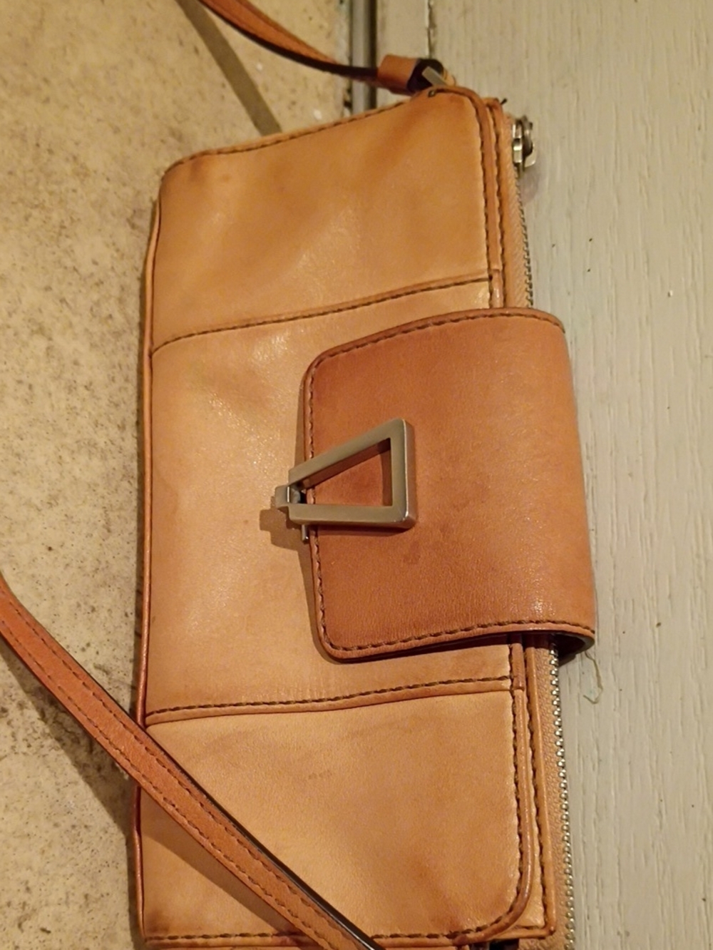 Leather Wristlet Clutch in Tan with Metal Accent